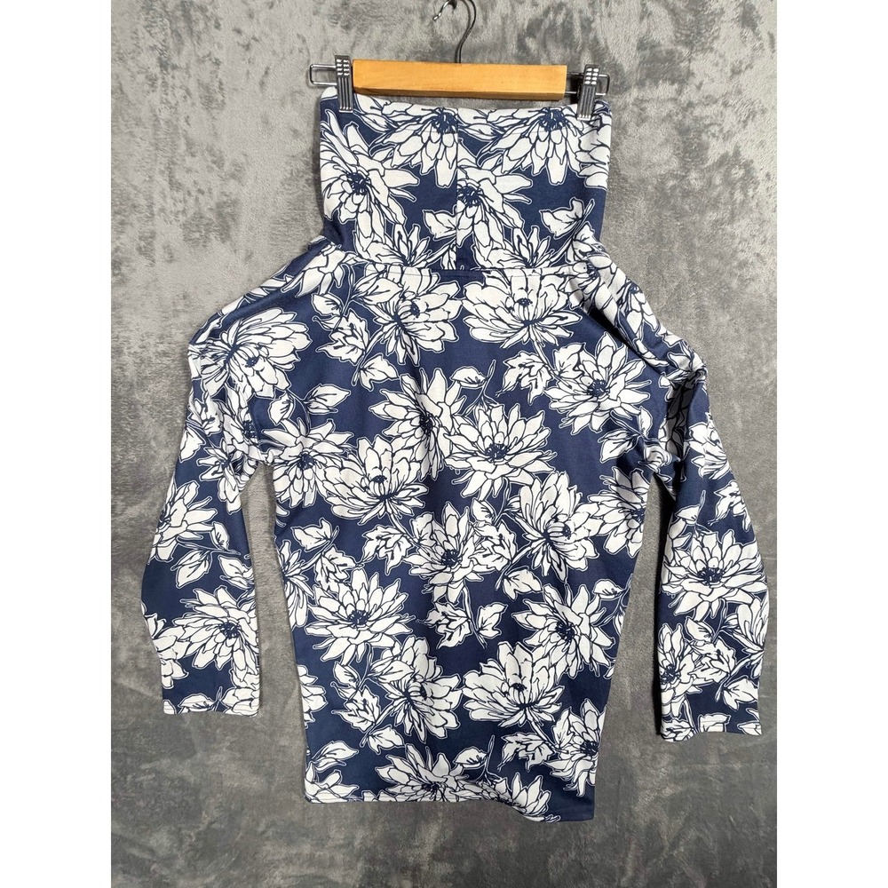Liz Claiborne Womens Cowl Neck Top XL Navy Blue White Floral Long Sleeve Stretch